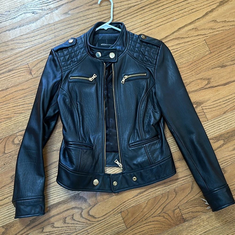 Moda International Black Leather Bomber Jacket with Gold Accents